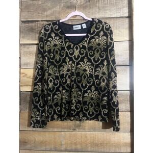 Chicos Travelers Womens Size 1 Black Gold Damask Metallic V-Neck Long Sleeve Top